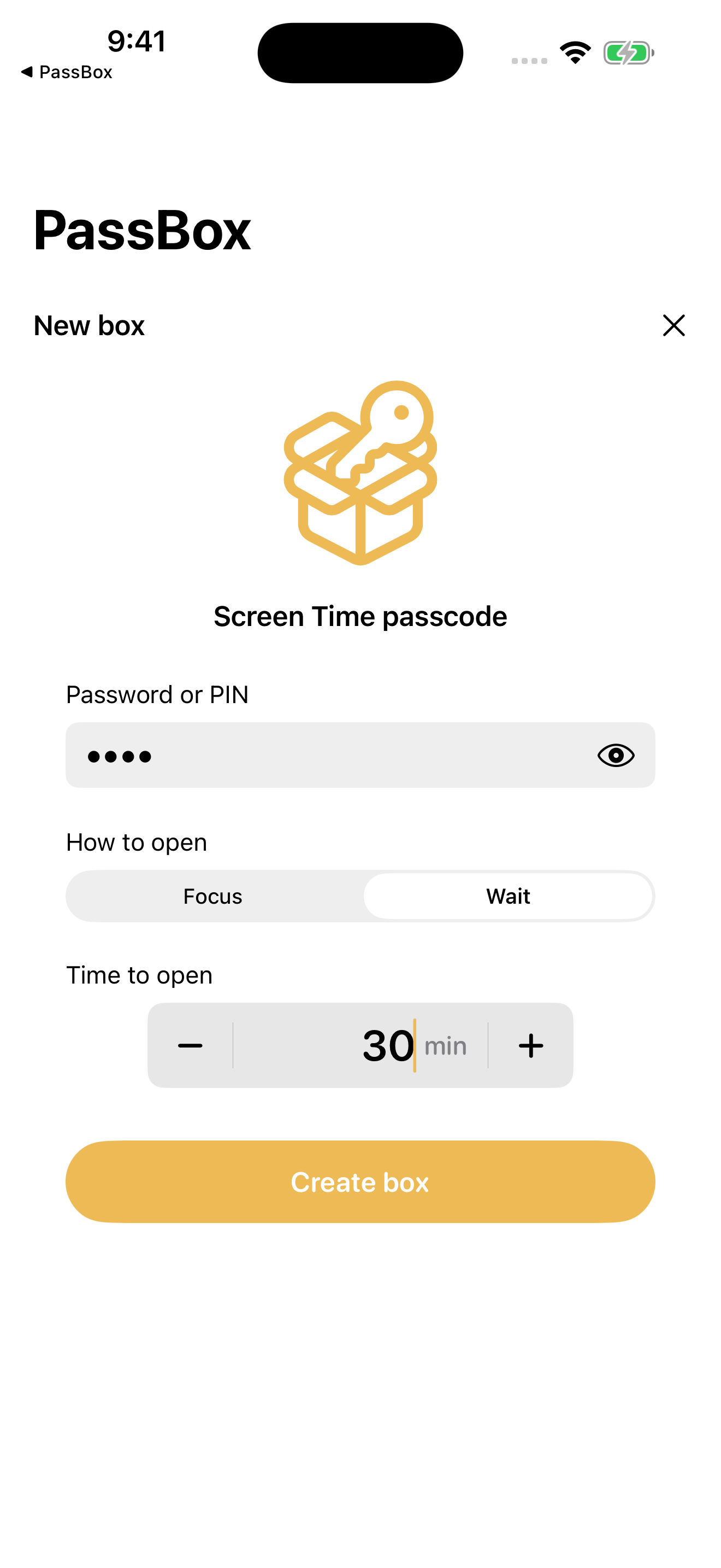 Creating a Screen Time passcode box with a 30-minute wait
